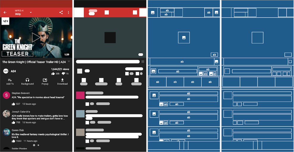 Different modes available for viewing mobile sessions in Smartlook: normal, wireframe, icon blueprint, and blueprint.
