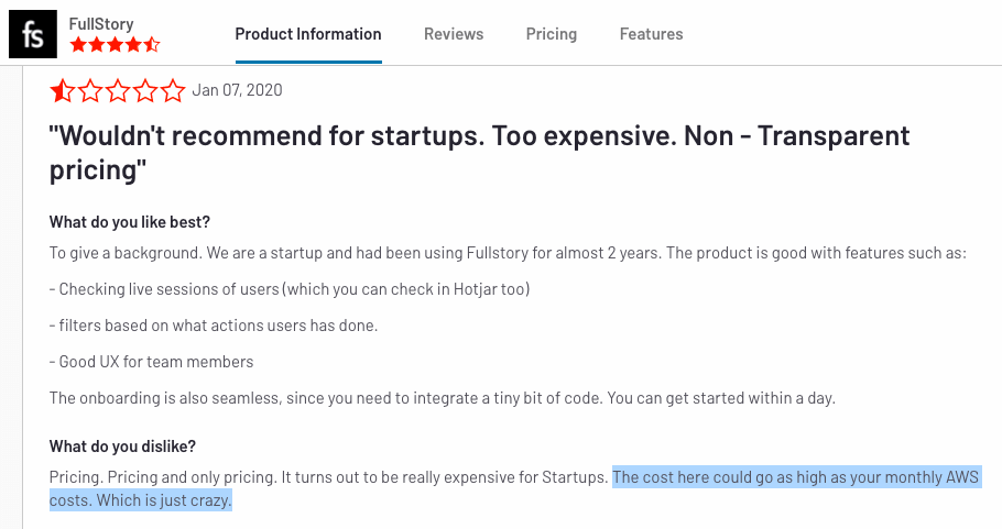 FullStory reviews: Wouldn't Recommend for Startups; Too Expensive