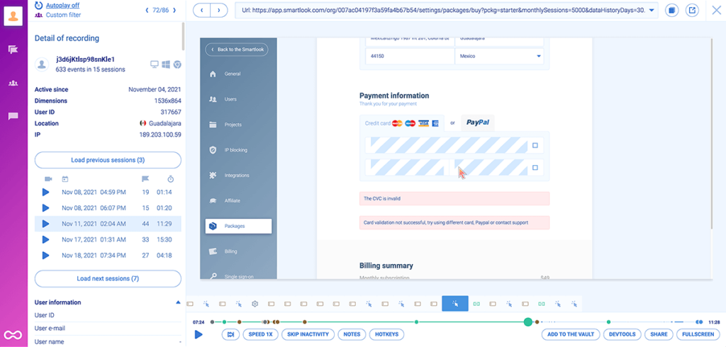 Detailed payment recording in Smartlook