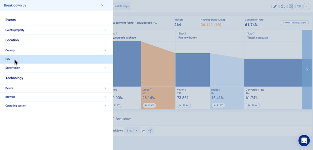 Segment broken down by city in Smartlook.