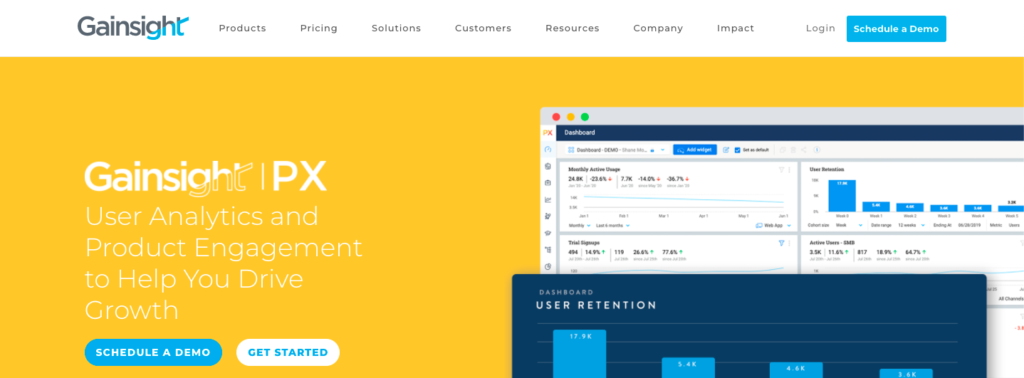 Gainight PX homepage: User Analytics and Product Engagement to Help You Drive Growth