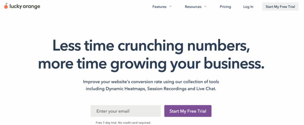 Lucky Orange homepage: Less time crunching numbers, more time growing your business.