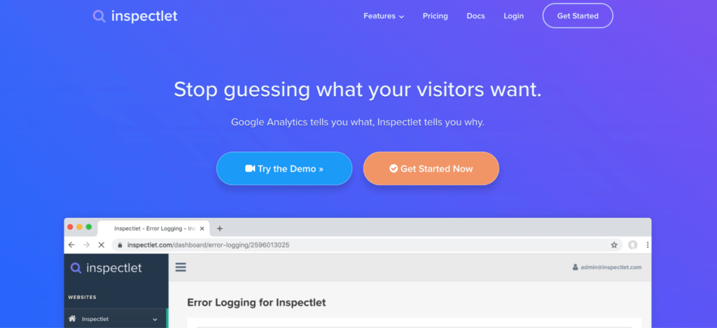 Inspectlet homepage: Stop guessing what your visitors want.