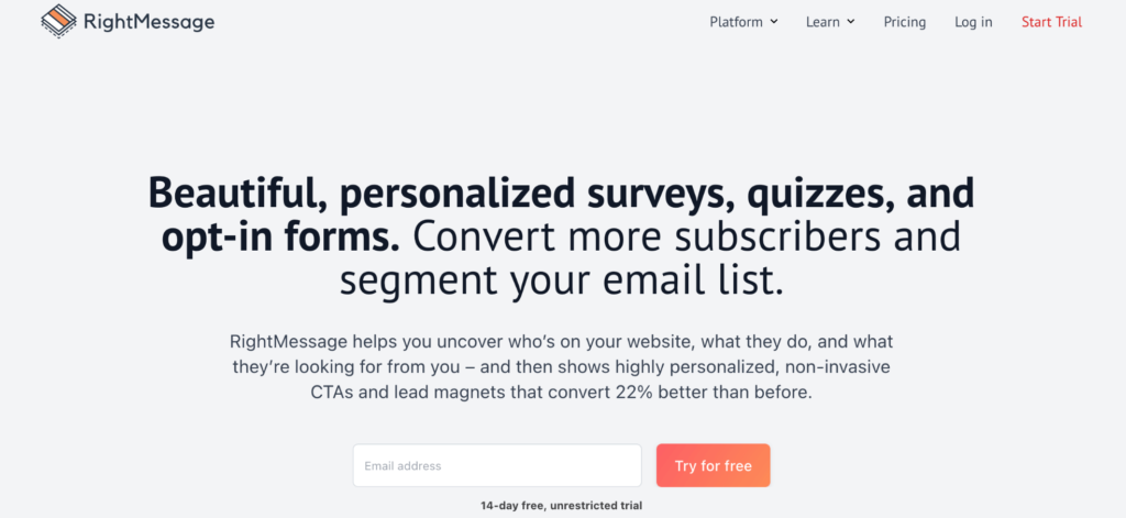 RightMessage homepage:  Beautiful, personalized surveys, quizzes, and opt-in forms.