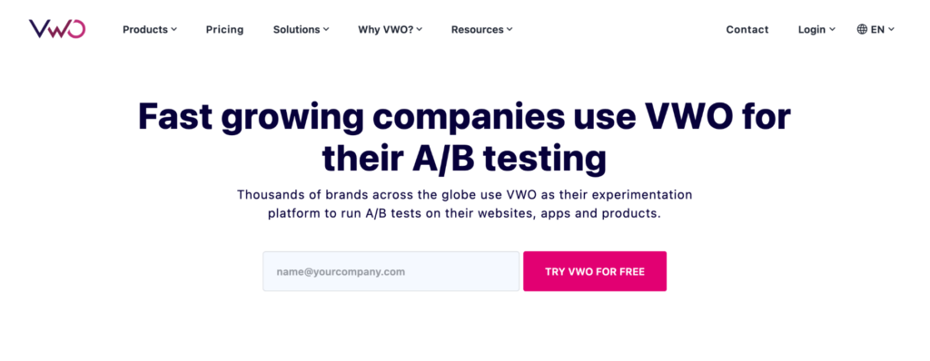 VWO homepage: Fast growing companies use VWO for their A/B testing