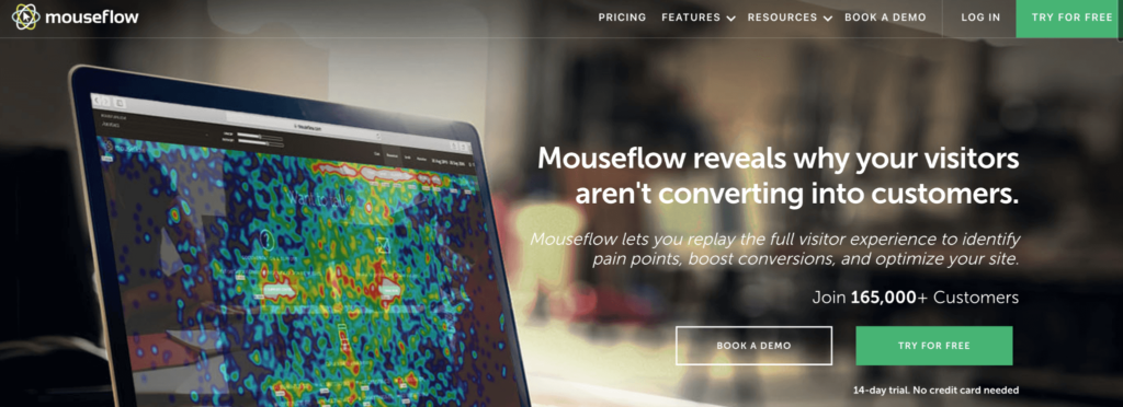 Mouseflow homepage: Mouseflow reveals why your visitors aren't converting into customers.