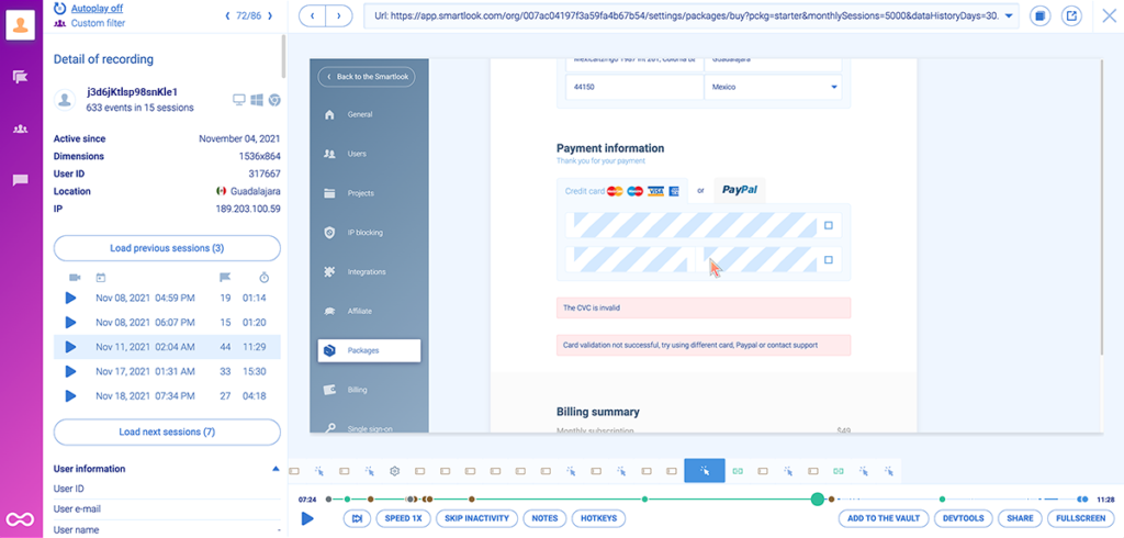 Detailed recordings in Smartlook for when a customer dropped-off.