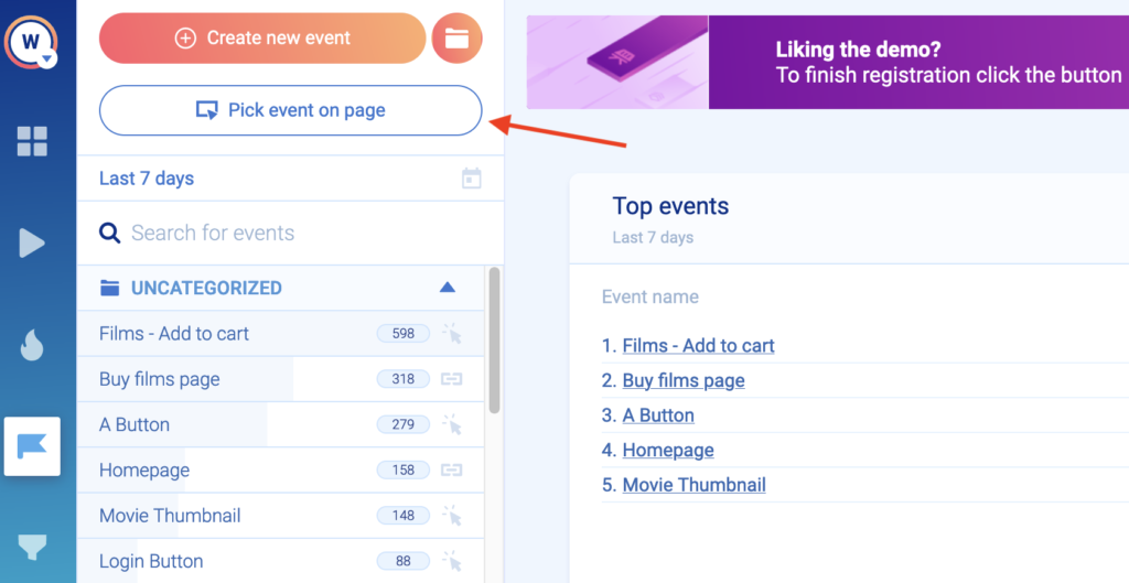 “Pick event on page” button within Smartlook for a no-code event picker.
