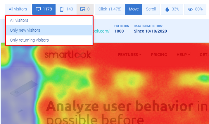 Easily compare the behavior of new visitors versus returning users in Smartlook.