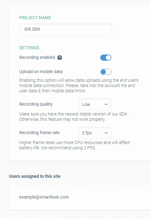 Project Name, Settings, Recording Quality and Frame Rate