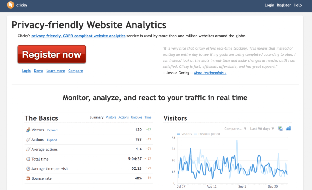 Página de inicio de Clicky: análisis de sitios web respetuosos con la privacidad