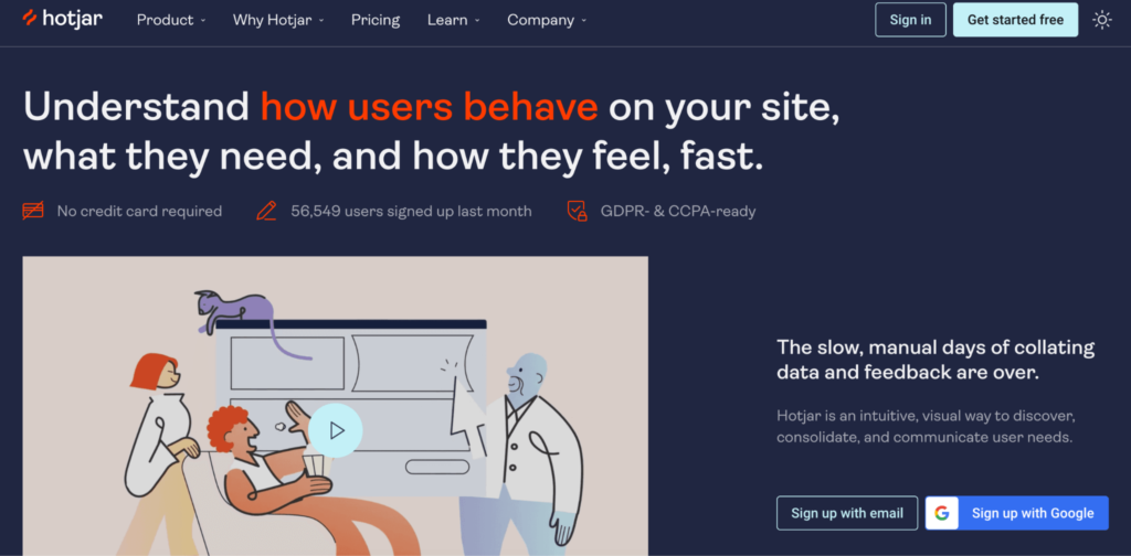 Página de inicio de Hotjar: comprenda cómo se comportan los usuarios en su sitio, qué necesitan y cómo se sienten, rápidamente.