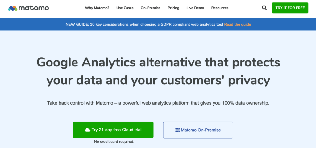 Página de inicio de Matomo: alternativa a Google Analytics que protege tus datos y la privacidad de tus clientes.