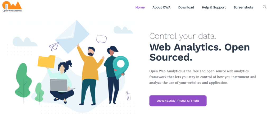 Open Web Analytics homepage: Control your data. Web analytics. Open sourced.