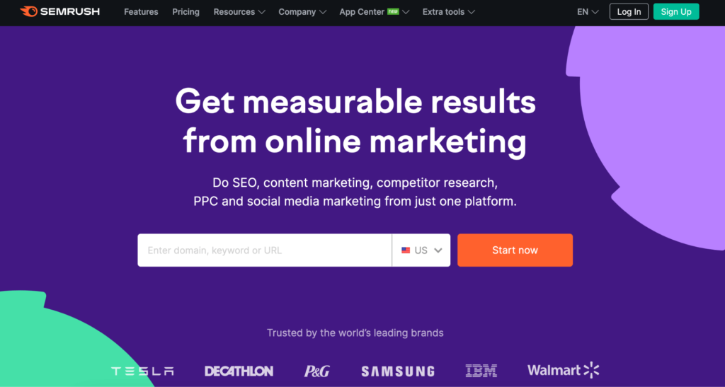 Semrush homepage: Get measurable results from online marketing.