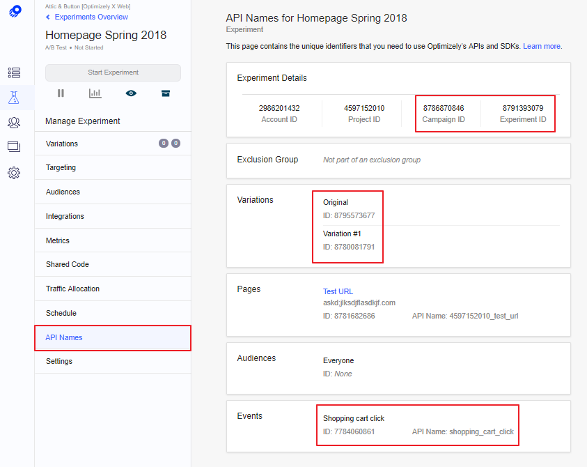 API Names in Optimizely