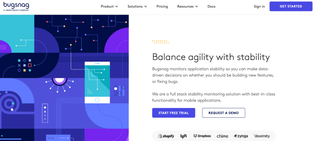 Bugsnag homepage: Balance agility with stability.
