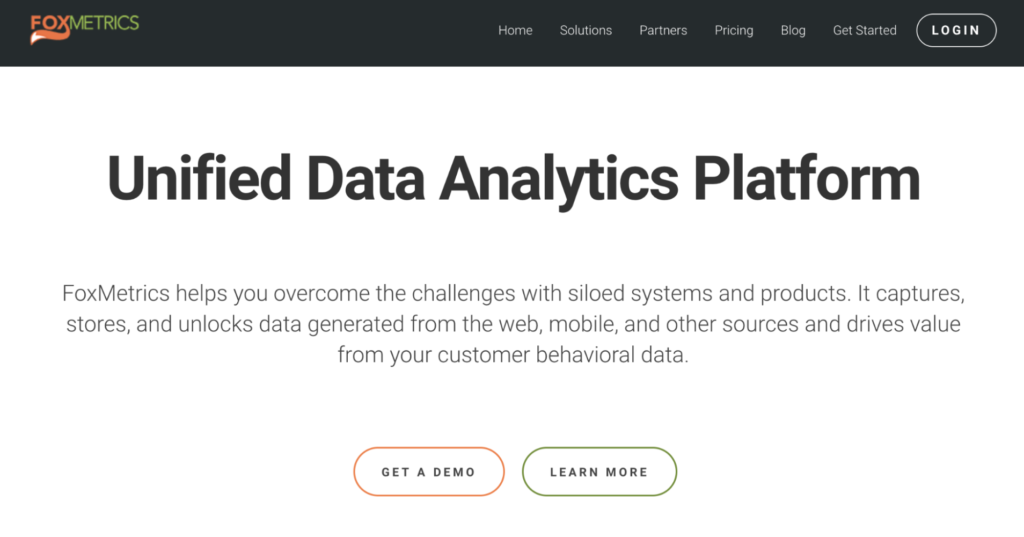 FoxMetrics homepage: Unified Data Analytics Platform