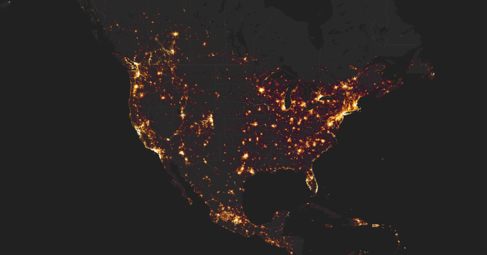 A heat map visualization of cycling activities in the Americas by Strava.com 